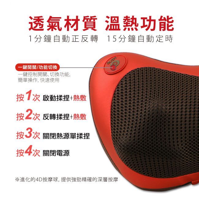 透氣材質 溫熱功能分鐘自動正反轉 15分鐘自動定時-鍵開關/功能切换一鍵控制開關切換功能,簡單操作, 快速使用按1次 啟動揉捏熱敷按2次 反轉揉捏+熱敷按次 關閉熱源單揉捏按次 關閉電源※進化的4D按摩球,提供強勁精確的深層按摩
