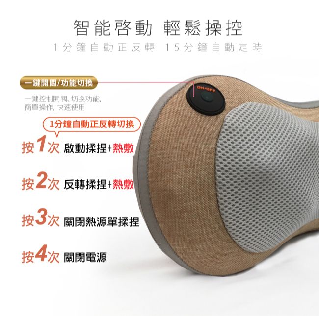 智能啓動 輕鬆操控分鐘自動正反轉 15分鐘自動定時鍵開關/功能切換一鍵控制開關功能簡單操作,快速使用1分鐘自動正反轉切換按1次 啟動揉捏+熱敷按2次 反轉揉捏+熱敷按次 關閉熱源單揉捏按4次 關閉電源-