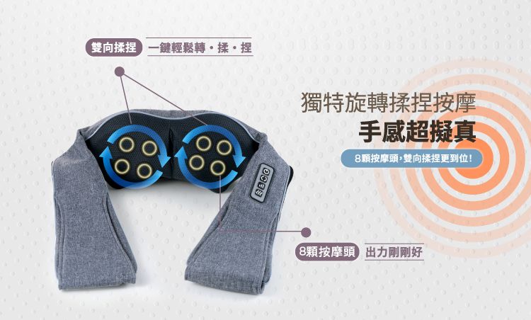 雙向揉捏輕鬆轉揉捏獨特旋轉揉捏按摩手感超擬真8顆按摩頭,雙向揉捏更到位!8顆按摩頭剛剛好
