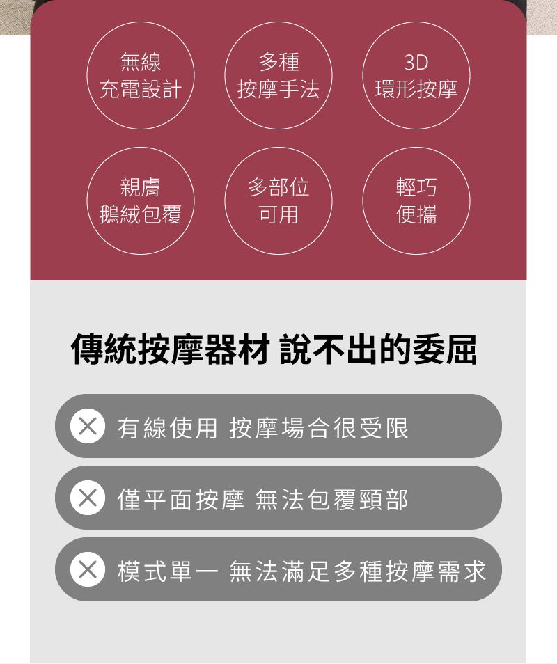 無線多種3D充電設計按摩手法環形按摩親膚鵝絨包覆多部位可用輕巧便攜傳統按摩器材 說不出的委屈有線使用 按摩場合很受限 僅平面按摩 無法包覆頸部 模式 無法滿足多種按摩需求