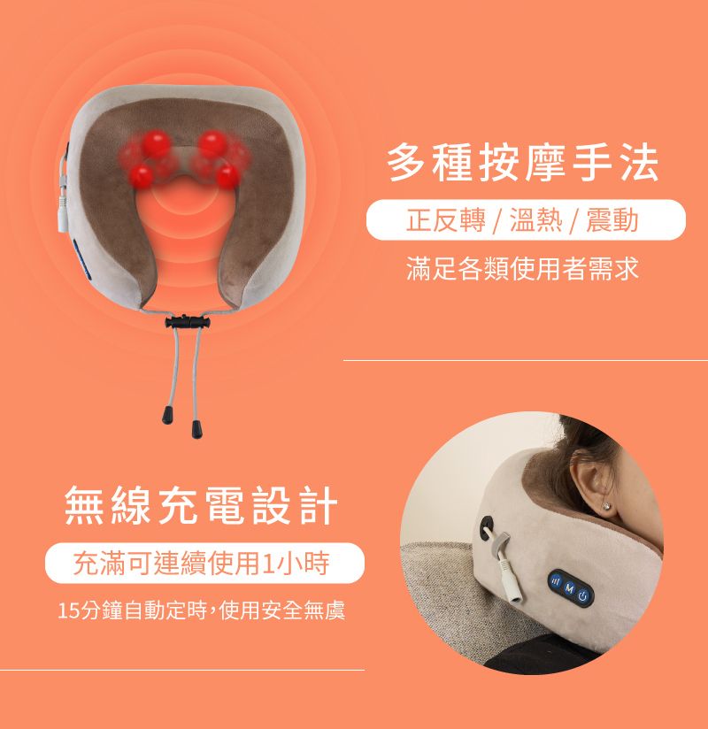 多種按摩手法正反轉/溫熱/震動滿足各類使用者需求無線充電設計充滿可連續使用1小時15分鐘自動定時,使用安全無虞