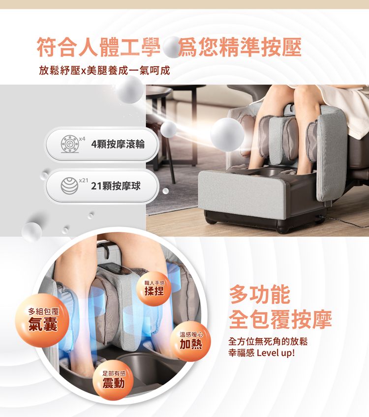 符合人體工學 爲您精準按壓放鬆紓壓美腿養成一氣呵成x4 4顆按摩滾輪x2121顆按摩球多組包覆氣囊職人手感揉捏足部有感震動溫感暖心加熱多功能全包覆按摩全方位無死角的放鬆幸福感 Level up!