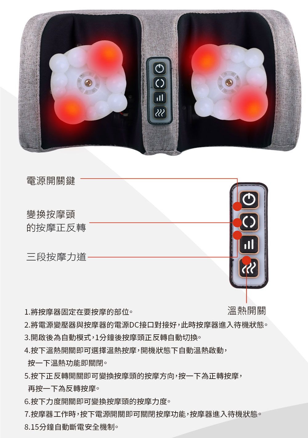 電源開關鍵變換按摩頭的按摩正反轉三段按摩力道יון1. 將按摩器固定在要按摩的部位。溫熱開關2. 將電源變壓器與按摩器的電源DC接口對接好,此時按摩器進入待機狀態。3.開啟後為自動模式,1分鐘後按摩頭正反轉自動切換。4.按下溫熱開關即可選擇溫熱按摩,開機狀態下自動溫熱啟動,按一下溫熱功能即關閉。5.按下正反轉開關即可變換按摩頭的按摩方向,按一下為正轉按摩,再按一下為反轉按摩。6.按下力度開關即可變換按摩頭的按摩力度。7.按摩器工作時,按下電源開關即可關閉按摩功能,按摩器進入待機狀態。8.15分鐘自動斷電安全機制。