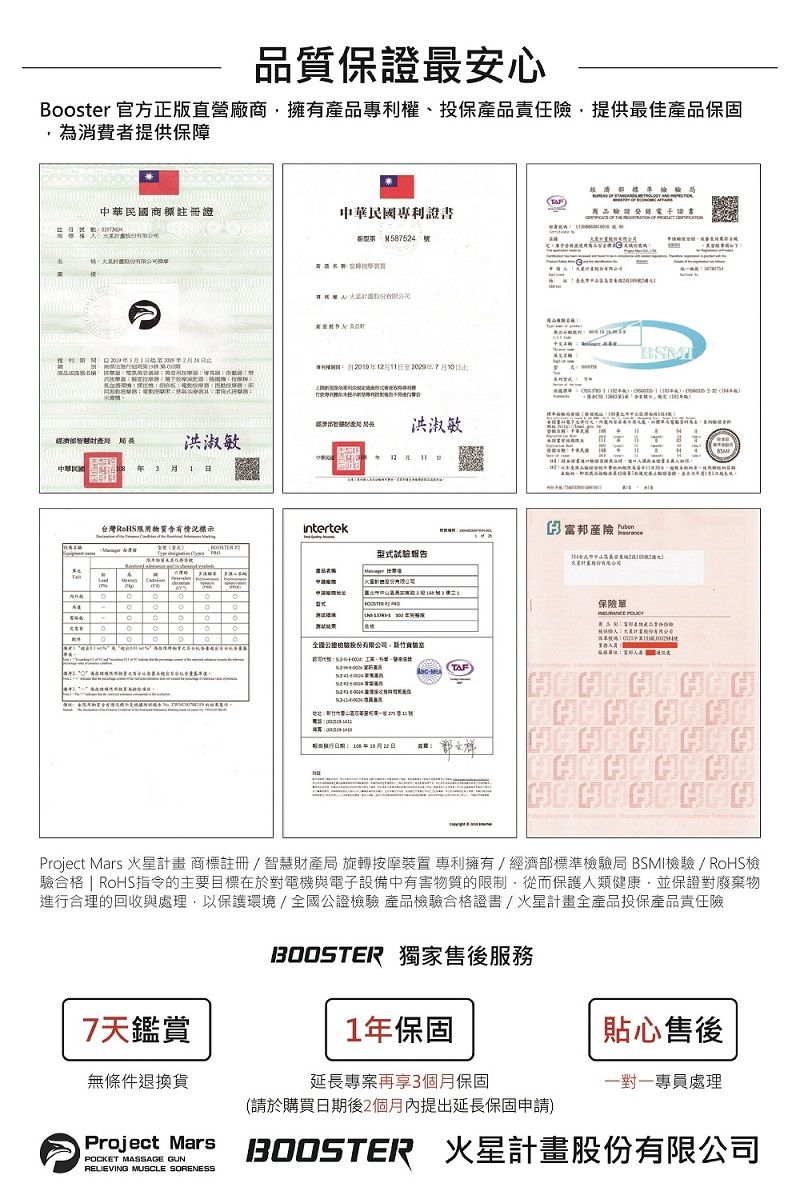 品質保證最安心Booster 官方正版直營廠商擁有品投保產品責任提供最佳產品保固消費者提供保障華民國商標註冊證經濟部洪淑敏台灣用物質含有情況標示中華民國專利證書商品電子證書M58524 專利權  21912至20297日洪淑敏Intertek型式試報告為0  驗TAF  產險股份有限公司保險單 單中地址日期:年11月22日祥Project Mars 火星計畫 商標註冊/智慧財產局 旋轉 專利擁有/經濟部標準驗局 BSMI檢驗/RoHS檢驗合格 | RoHS指令的主要目標在於對電機與電子設備中有害物質的限制從而保護人類健康,並保證對廢棄物進行合理的回收與處理,以保護環境/全國公證檢驗 產品檢驗合格證書/火星計畫全產品投保產品責任險BOOSTER 獨家售後服務7天鑑賞貼心售後無條件退換貨一對一專員處理1年保固延長專案再享3個月保固(請於購買日期後2個月內提出延長保固申請)Project Mars  火星計畫股份有限公司POCKET MASSAGE GUNRELIEVING MUSCLE SORENESS