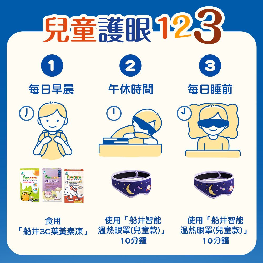 funcare 船井  智能石墨烯遠紅外線厚蒸氣溫感熱敷_兒童眼罩呵護成長組(兒童眼罩+金盞花噴霧+牛奶鈣成長魚膠原粉)