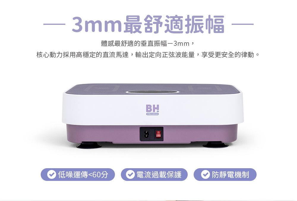 3mm最舒適振幅體感最舒適的垂直振幅-3mm,核心動力採用高穩定的直流馬達,輸出定向正弦波能量,享受更安全的律動BHVibration低噪運傳<60分電流過載保護 防靜電機制