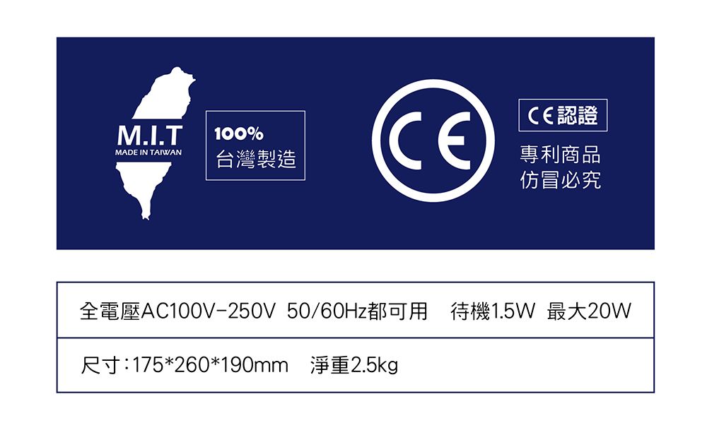 M.I.T100%MADE IN TAIWAN台灣製造CE認證專利商品仿冒必究全電壓AC100V-250V 50/60Hz都可用 待機1.5W 最大20W尺寸:175*260*190mm 淨重2.5kg