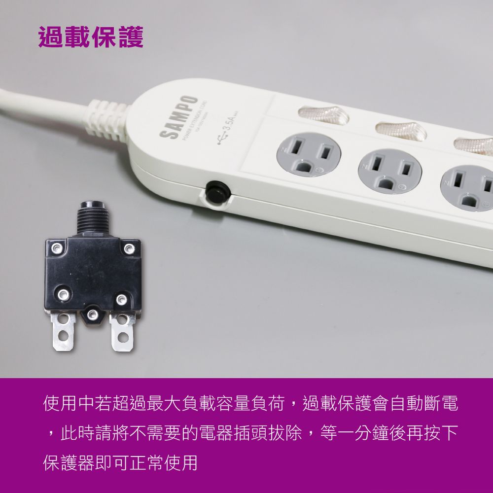 過載保護SAMPO 3.5A使用中若超過最大負載容量負荷,過載保護會自動斷電,此時請將不需要的電器插頭拔除,等一分鐘後再按下保護器即可正常使用