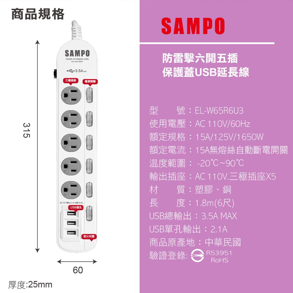 商品規格3SAMPOPOWER EXTENSION CORD15 三種插座電源開關SAMPO防雷擊六開五插保護蓋US延長線  B3.5AUSB防火材質型 號:EL-W65R6U3使用電壓:AC 110V/60Hz額定規格:15A/125V/1650W額定電流:15A無熔絲自動斷電開關溫度範圍:-20℃~90℃輸出插座:AC 110V.三極插座X5材質:塑膠、銅長度:1.8m(6尺)USB總輸出:3.5A MAXUSB單孔輸出:2.1A商品原產地:中華民國厚度:25mm6060驗證登錄:R53951