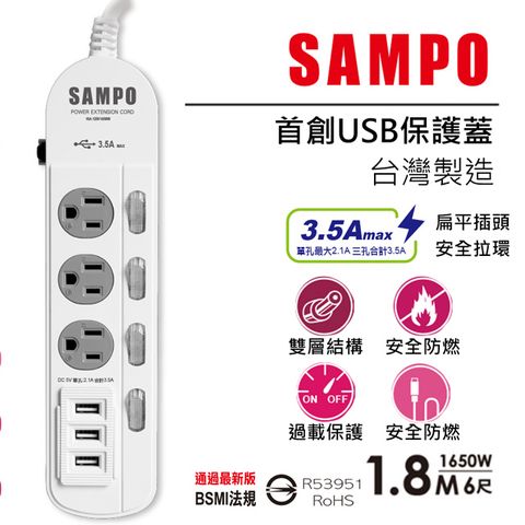 【SAMPO 聲寶】防雷擊四開三插保護蓋USB延長線6尺-EL-W43R6U3 ∥防雷擊與USB保護蓋設計∥