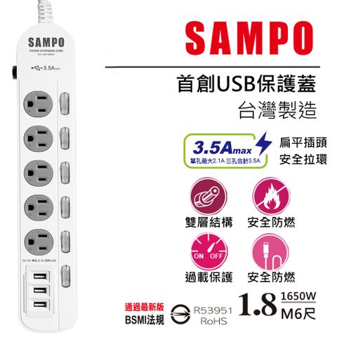 SAMPO 聲寶 防雷擊六開五插保護蓋USB延長線6尺-EL-W65R6U3 防雷擊與USB保護蓋設計