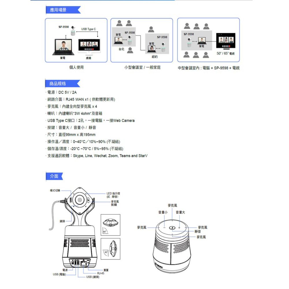 應用場景9598 Type SP9598SP9598台北50  65電視個人使用小型會議室/一般家庭中型會議室內:電腦+SP9598+電視商品規格電源:DC5V/2A-網路介面:RJ45 WANx1(供軟體更新用)麥克風:內建全向型麥克風x4:內建喇叭3W 音箱-  Type C口:2孔一接電腦一接Web Camera按鍵:音量大/音量小/.尺寸:直徑99mm高195mm操作/濕度:0~40C/10%~90% (不凝結)儲存溫/濕度:-20°C~70°C/5%~95%(不凝結)支援通訊軟體:Skype Line, Wechat, Zoom, Teams and StarV介面模式切换 (電腦)-45USB (頭)LED 指示燈(:靜音)-麥克風麥克風麥克風音量小音量大麥克風-靜音麥克風