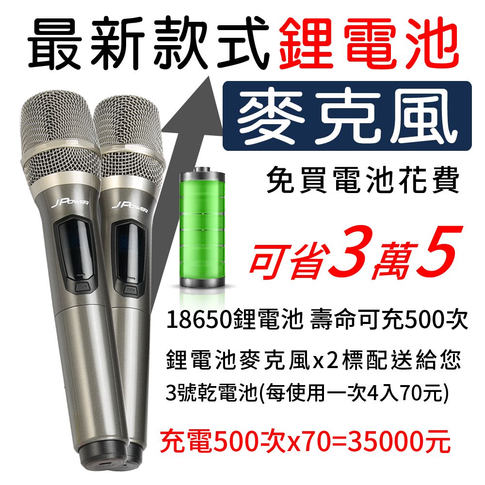 最新款式鋰電池麥克風免買電池花費可省3萬518650鋰電池壽命可充500次鋰電池麥克風x2標配送給您3號乾電池(每使用一次4入70元)充電500次x70=35000元