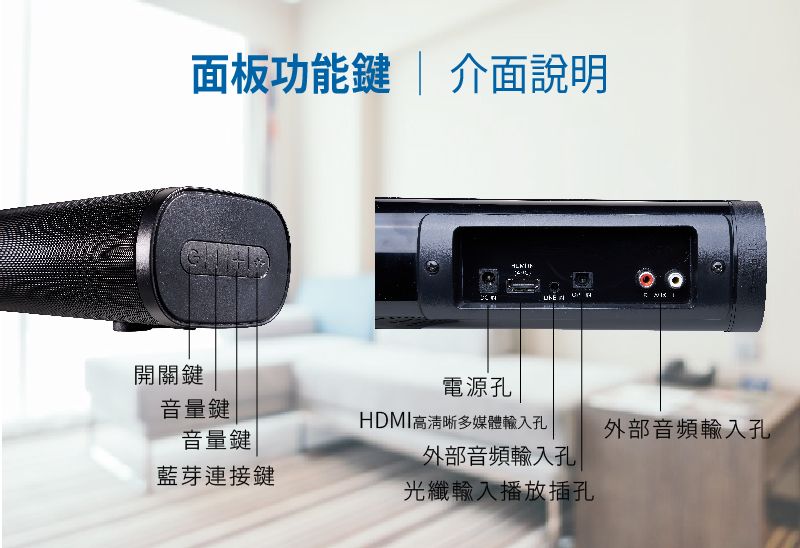 面板功能  介面說明開關鍵電源孔  音量鍵HDMI高清晰多媒體輸入孔音量鍵外部音頻輸入孔外部音頻輸入孔藍芽連接鍵光纖輸入播放插孔