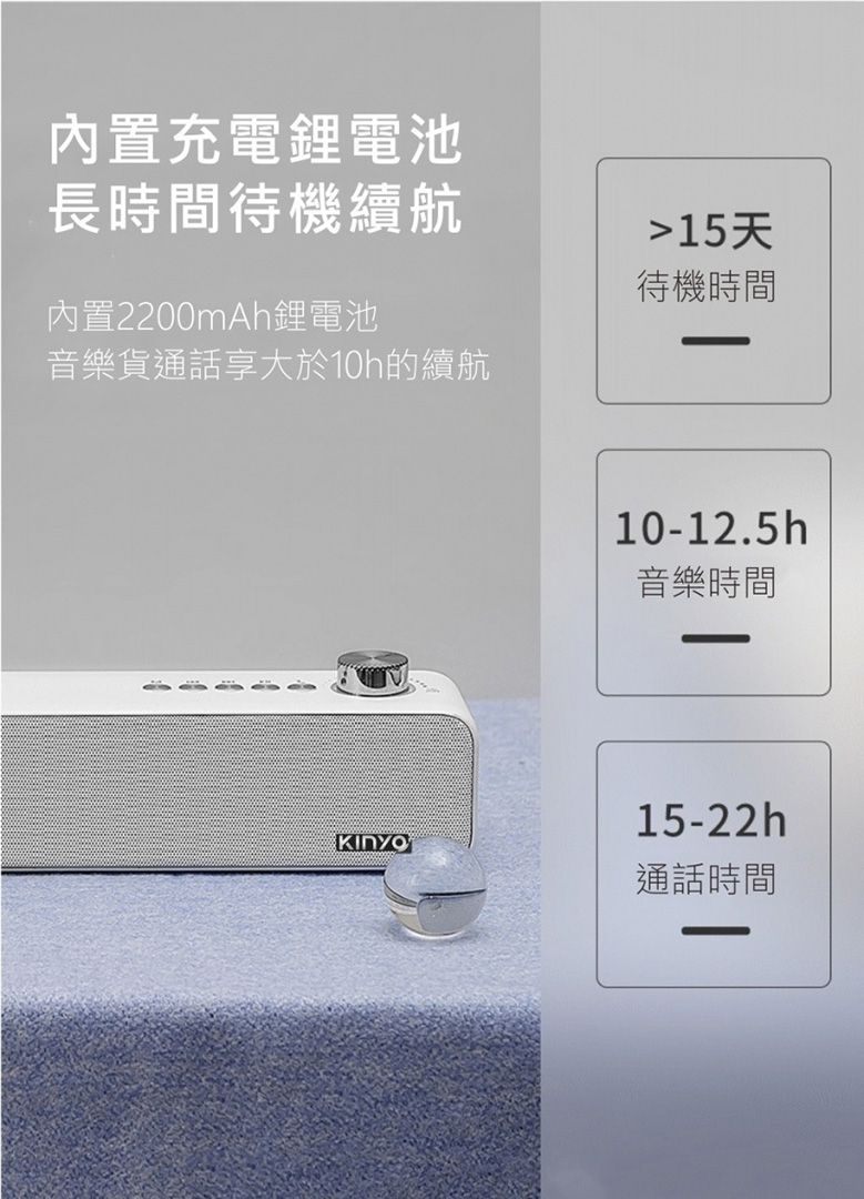 內置充電鋰電池長時間待機續航內置2200mAh鋰電池音樂貨通話享大於10h的續航15天待機時間10-12.5h音樂時間15-22h通話時間