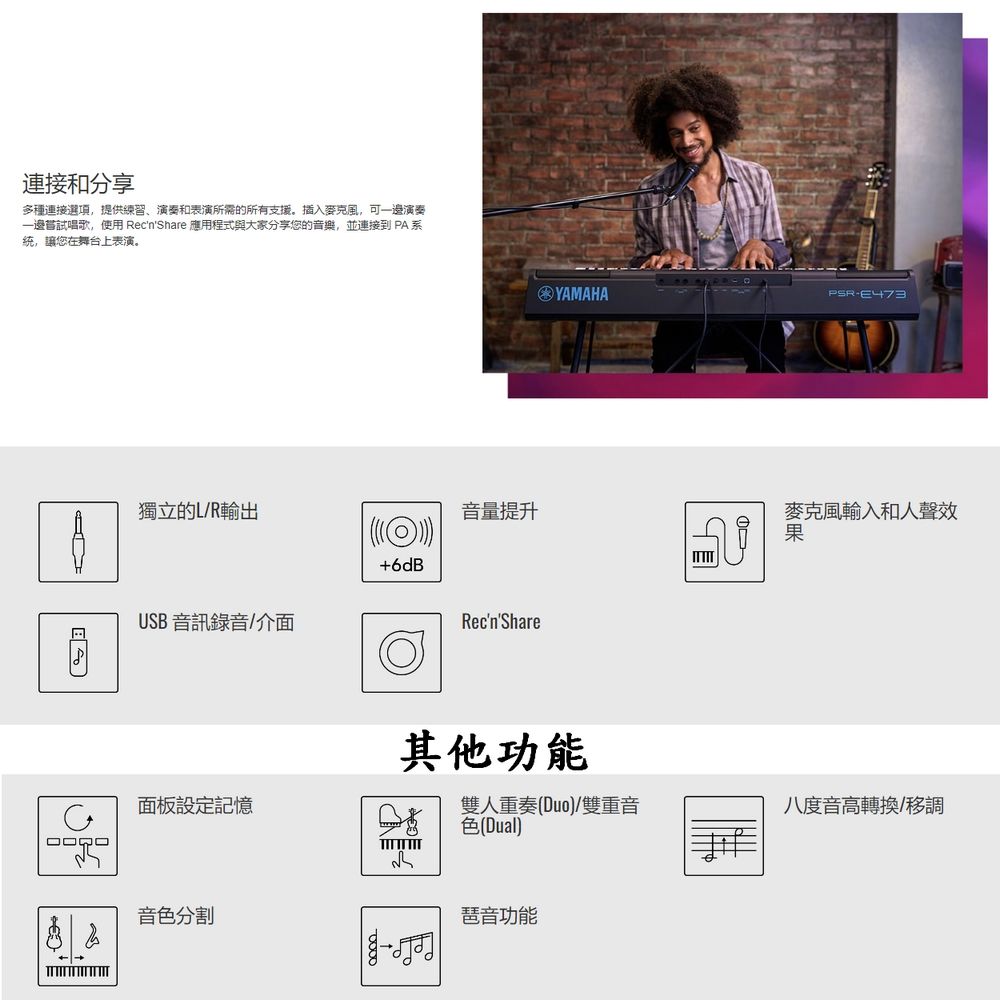 連接和分享多種連接選項,提供練習演奏和表演所需的所有支援。插入麥克風,可一邊演奏一邊嘗試唱歌,使用 RecnShare 應用程式與大家分享您的音樂,並連接到 PA系,讓您在舞台上表演。YAMAHAPSR獨立的L/R輸出音量提升麥克風輸入和人聲效果+6dBUSB音訊錄音/介面RecnShare其他功能雙人重奏(Duo)/雙重音色(Dual)八度音高轉換/移調面板設定記憶ন音色分割琶音功能