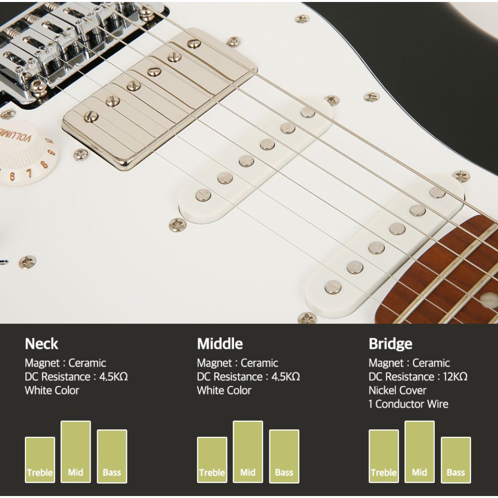 NeckMagnet CeramicDC Resistance White ColorMiddleMagnet CeramicDC Resistance White ColorBridgeMagnet  CeramicDC Resistance 12KQNickel Cover1 Conductor WireTreble MidBassTreble MidBassTrebleMidBass