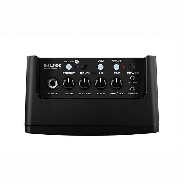 NUX   HOLD PRESETDRUMHOLD TAPPOWERAUX ININPUTGAINVOLUME TONE RVB/DLYPHONES