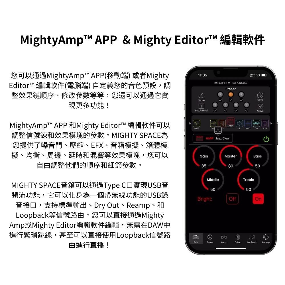 APP & Mighty or 編輯軟件您可以通過 APP(移動端) 或者MightyEditor 編輯軟件(電腦端) 自定義您的音色預設,調整效果鏈順序修改參數等等,您還可以通過它實現更多功能 APP 和Mighty Editor 編輯軟件可以調整信號鍊和效果模塊的參數。MIGHTY SPACE為您提供了噪音門、壓縮、EFX、音箱模擬、箱體模擬、均衡、周邊、延時和混響等效果模塊,您可以自由調整他們的順序和細節參數。MIGHTY SPACE音箱可以通過Type C實現USB音頻流功能,它可以化身為一個帶無線功能的USB錄音接口,支持標準輸出、ry Out、Reamp、和Loopback等信號路由,您可以直接通過MightyAmp或Mighty Editor編輯軟件編輯,無需在DAW中進行繁瑣跳線,甚至可以直接使用Loopback信號路由進行直播!11:05SharePatch LevelGATEMIGHTY SPACEPresetAMP Jazz Clean! ActiveMODGainMaster35MiddleBright:50Treble5050OffOnEditDLoopOtherJamTrack Settings