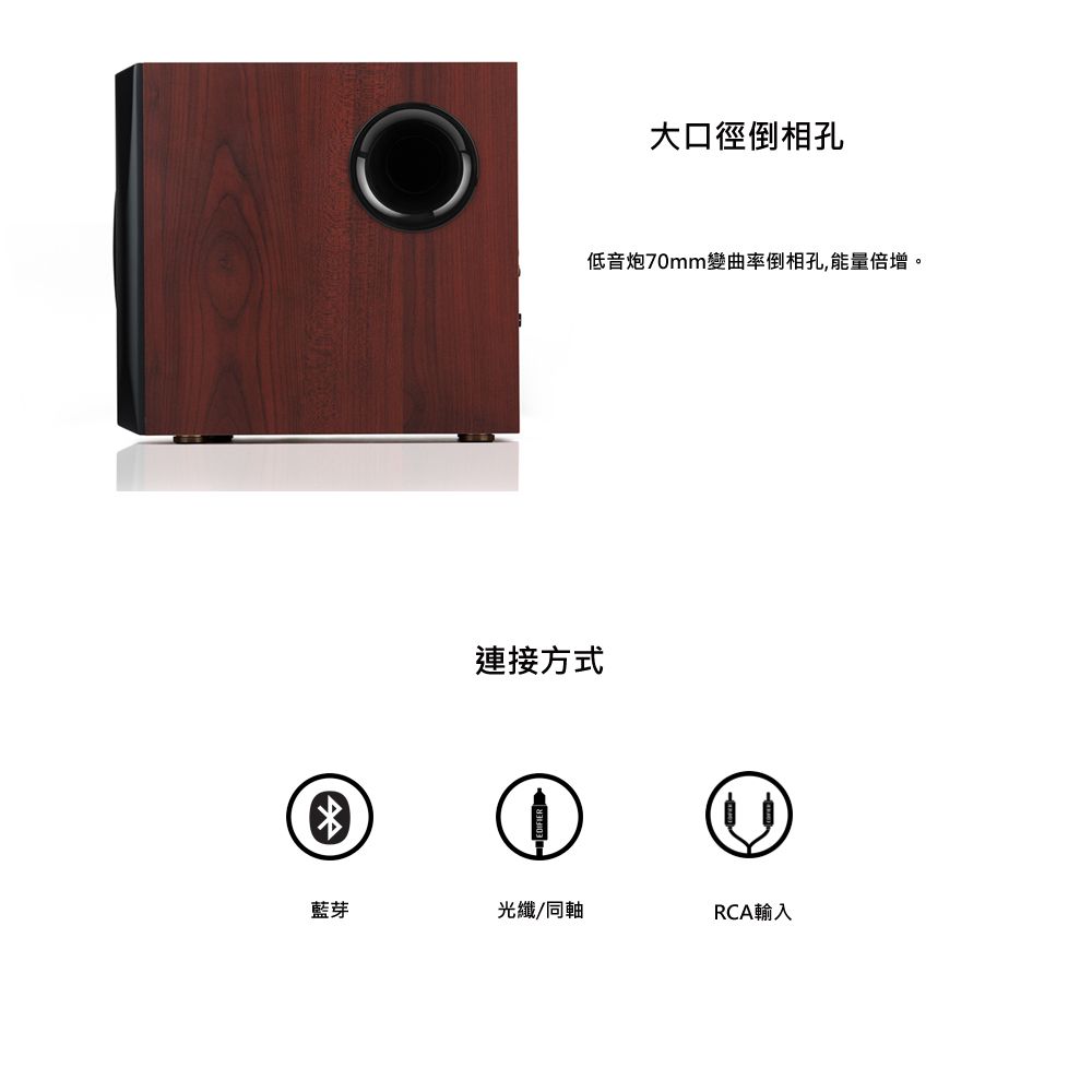 連接方式大口徑倒相孔低音炮70mm變曲率倒相孔,能量倍增。①藍芽光纖/同軸RCA輸入