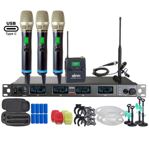 MIPRO ACT-747 支援Type-C充電式 四頻道UHF無線麥克風 手持/領夾/頭戴多型式可選