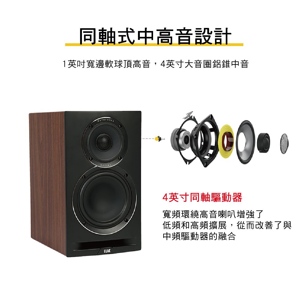 同軸式中高音設計1英吋寬邊軟球頂高音,4英寸大音圈鋁錐中音4英寸同軸驅動器寬頻環繞高音喇叭增強了低頻和高頻擴展,從而改善了與中頻驅動器的融合