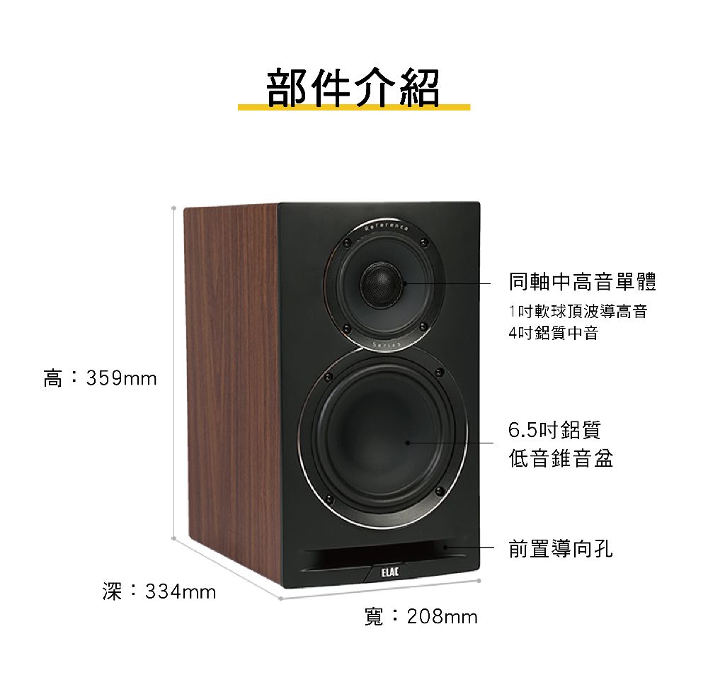 高:359mm部件介紹同軸中高音單體1軟球頂波導高音4吋鋁質中音6.5吋鋁質低音錐音盆前置導向孔深:334mm寬:208mm