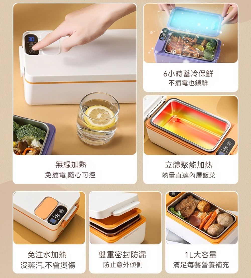 6小時蓄冷保鮮不插電也鎖鮮無線加熱免插電,隨心可控立體能加熱熱量直達內層飯菜免注水加熱沒蒸汽,不會燙傷雙重密封防漏大容量防止意外傾側滿足每餐營養補充