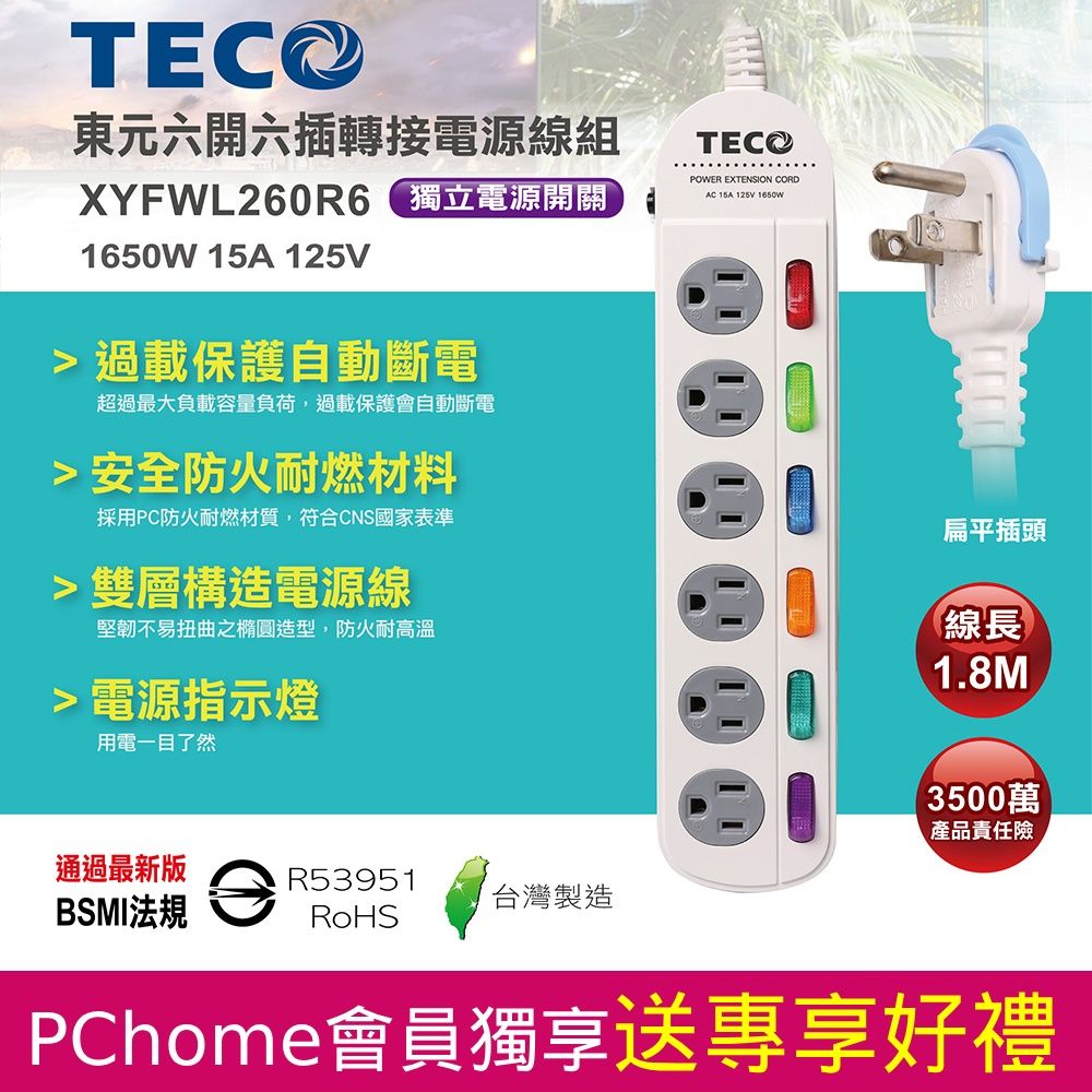  TECO 六開六插轉接電源線/插座/電源延長線/雙層結構/自動斷電/防火耐燃材料