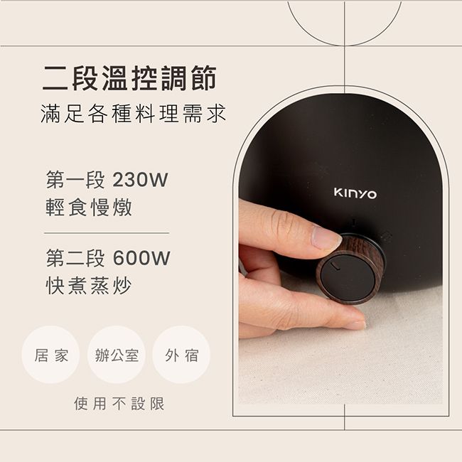 二段溫控調節滿足各種料理需求第一段 230W輕食慢燉第二段 600W快煮蒸炒居家辦公室 外宿使用不設限Kinyo