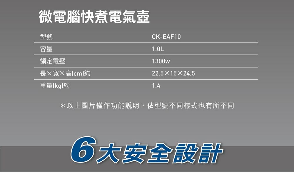 微電腦快煮電氣壺型號容量額定電壓長寬高(cm重量(kg約CK-EAF101.0L1300w22.515×24.51.4*以上圖片僅作功能說明,依型號不同樣式也有所不同大安全設計