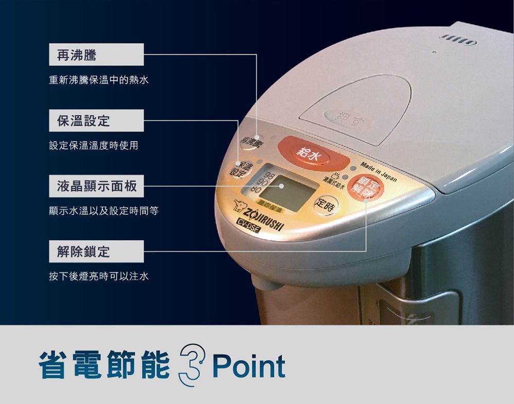 再沸騰重新沸騰溫中的熱水保溫設定設定保溫溫度時使用液晶顯示面板保ZOJIRUSHI清潔給水定時顯示水溫以及設定時間等CV解除鎖定按下後燈亮時可以注水省電節能 3 PointMade in Japan