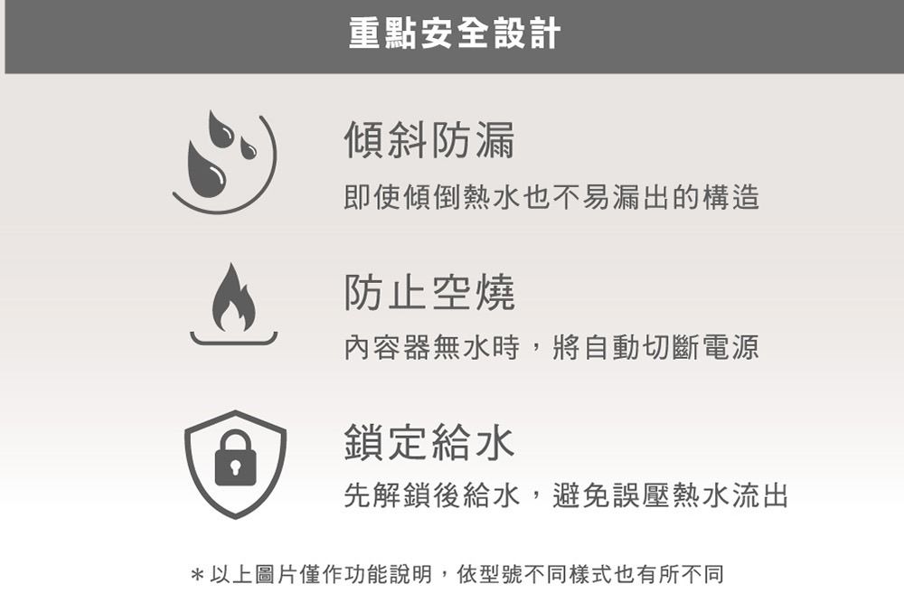 重點安全設計傾斜防漏即使傾倒熱水也不易漏出的構造防止空燒內容器無水時,將自動切斷電源鎖定給水先解鎖後給水,避免誤壓熱水流出*以上圖片僅作功能說明,依型號不同樣式也有所不同