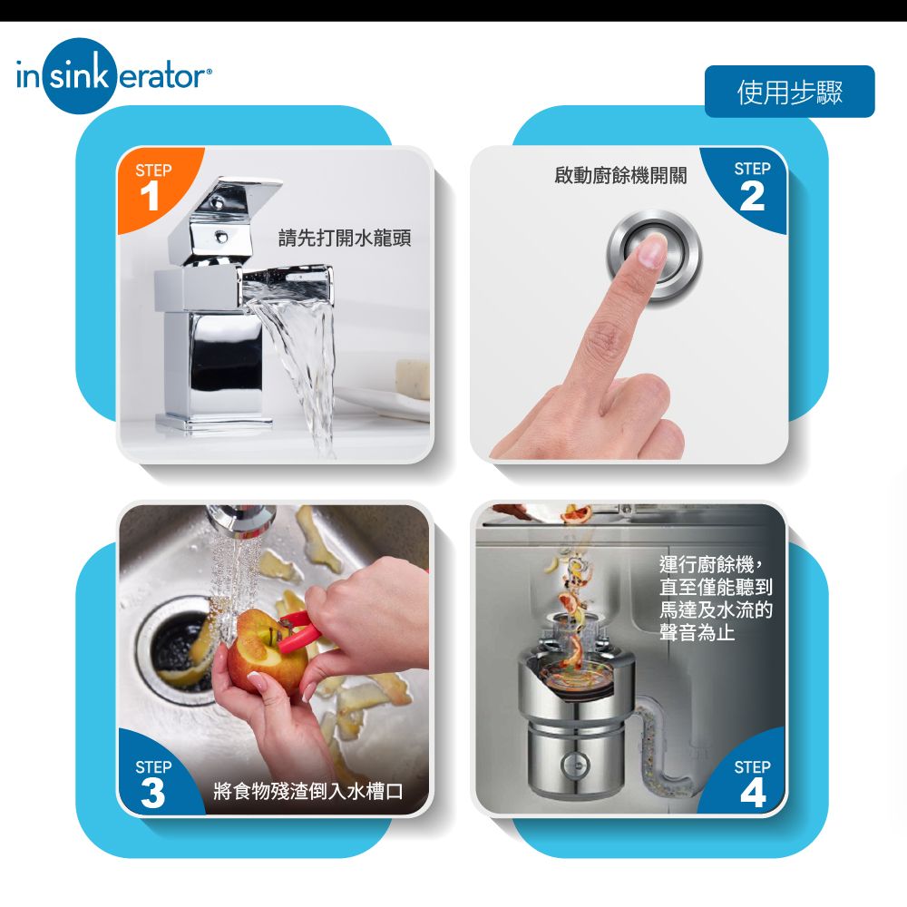 in sink erator®使用步驟STEP啟動廚餘機開關1STEP請先打開水龍頭運行廚餘機,直至僅能聽到馬達及水流的聲音為止STEPSTEP3將食物殘渣倒入水槽口4