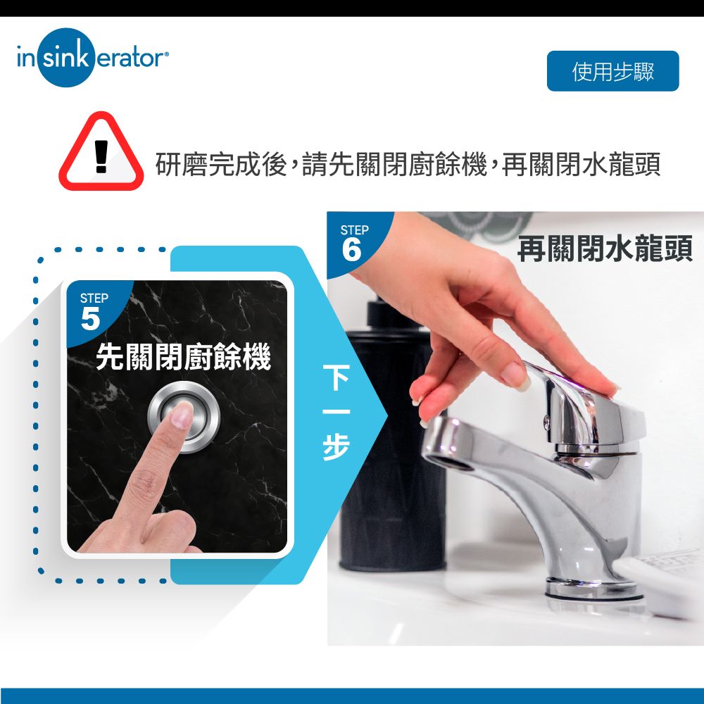 in sink eratorSTEP5使用步驟研磨完成後,請先關閉廚餘機,再關閉水龍頭先關閉廚餘機STEP6下一步再關閉水龍頭