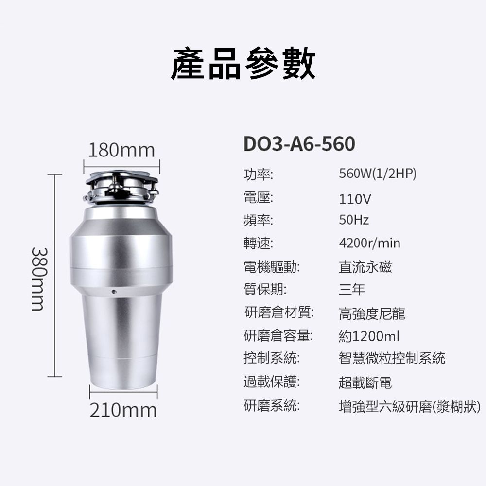 產品參數180mm功率:電壓:頻率:轉速:DO3-A6-560560W(1/2HP)110V50Hz4200r/min電機驅動:質保期:研磨材質:研磨倉容量:直流永磁三年高強度尼龍約1200ml控制系統:智慧微粒控制系統過載保護:超載斷電210mm研磨系統:增強型六級研磨(漿糊狀)380mm