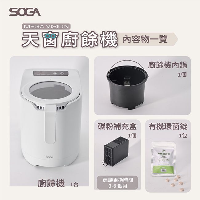MEGA VISION天窗廚餘機 內容物一覽SOGA廚餘機 1台廚餘機內鍋1個碳粉補充盒菌錠1個1包建議更換時間3-6個月有機環