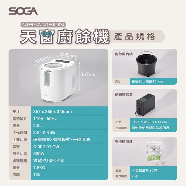 SOGAMEGA VISION天窗廚餘機 產品規格346mm_255mm廚餘機內鍋367mm尺寸直徑20x高度16 cm碳粉補充盒尺寸電源輸入容量367 x255 x 346mm110V,60Hz2.5L尺寸使用期限L12.8 x W5.3 x H11 cm開封後使用期限為3個月工作時間3.5 -5 小時主要功能研磨模式·有機模式·一鍵清洗有機環菌錠型號C-002-01-TW額定功率500W處理過程烘乾·打磨·冷卻重量7.5KG保固1年數量有效期限2年一包數量為20 顆