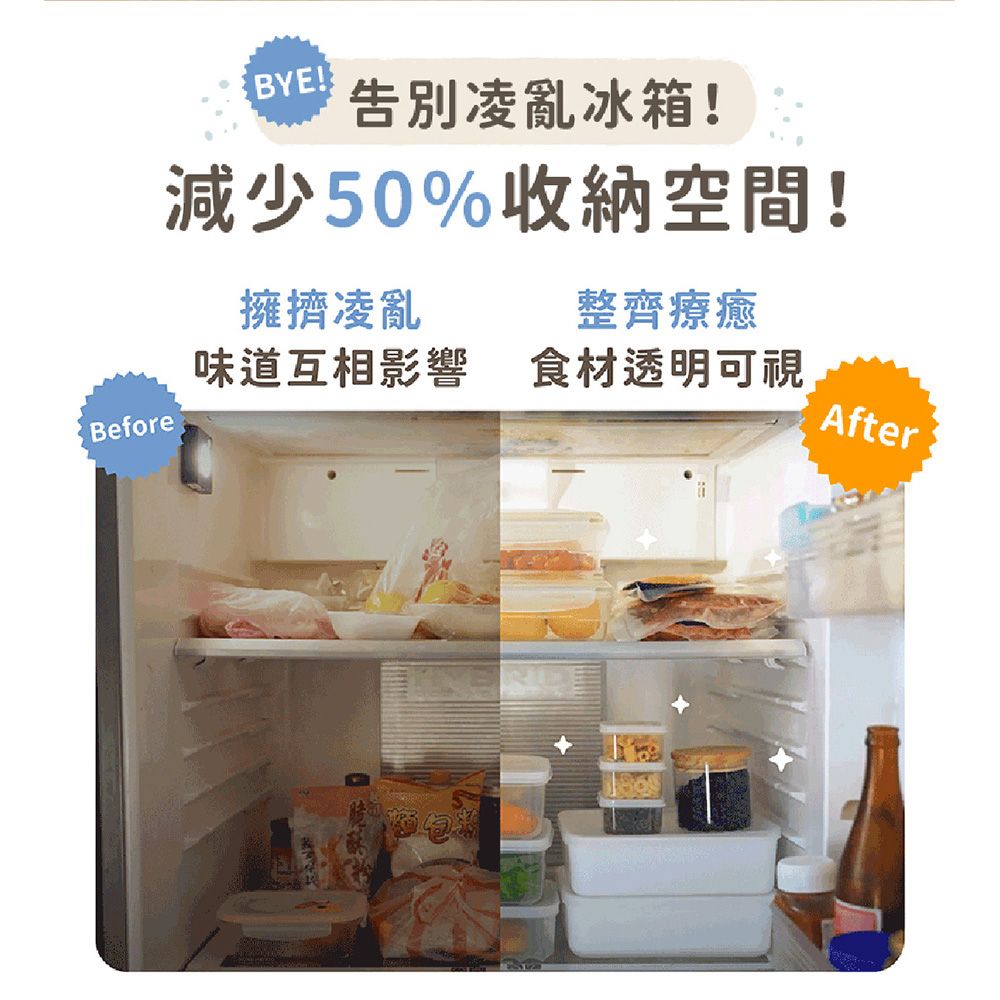 BYE!告別凌亂冰箱!減少50%收納空間!擁擠凌亂整齊療癒味道互相影響食材透明可視BeforeAfter