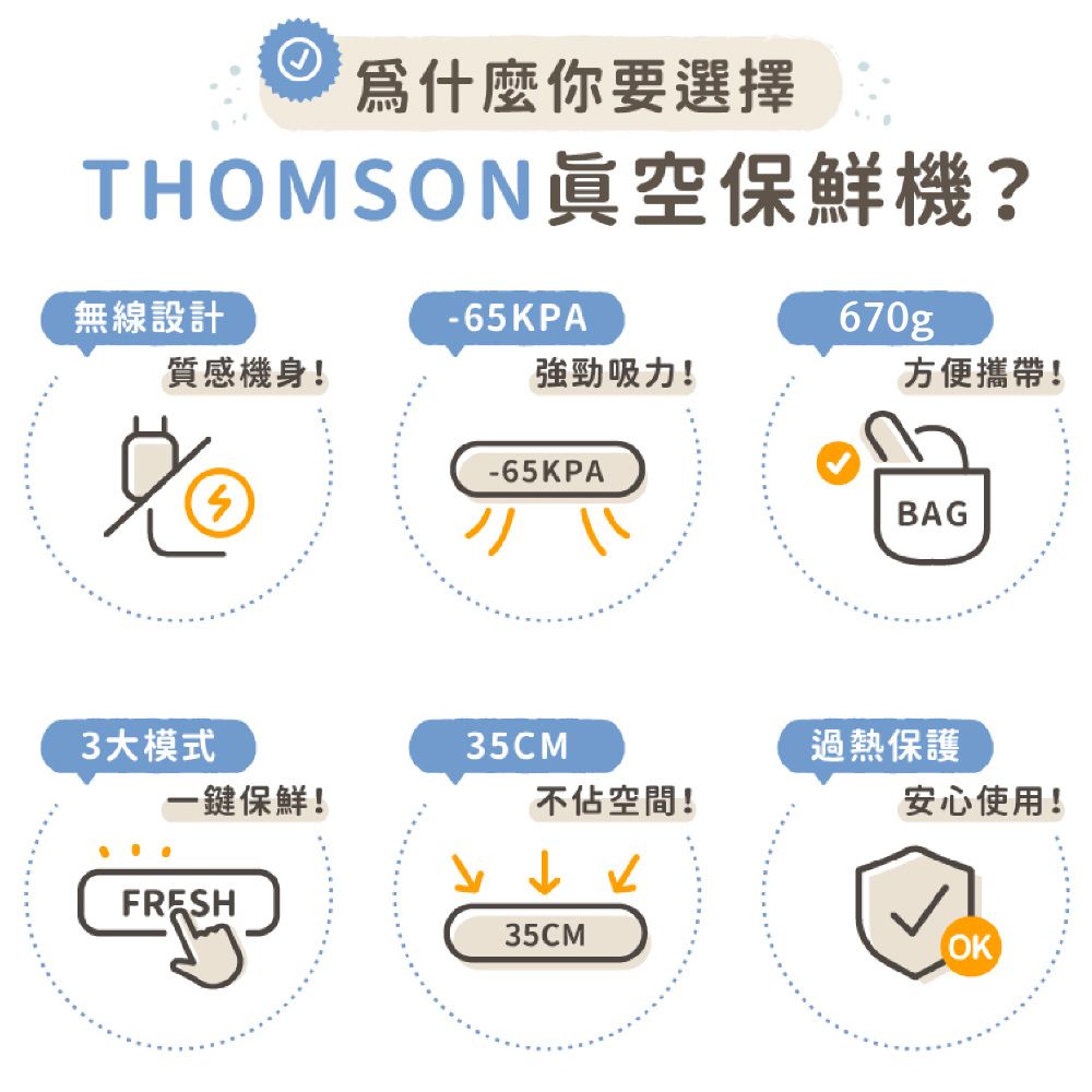為什麼你要選擇THOMSON眞空保鮮機?無線設計-65KPA670g質感機身!強勁吸力!方便攜帶!-65KPABAG3大模式35CM過熱保護一鍵保鮮!不佔空間!安心使用!FRESH35CMOK