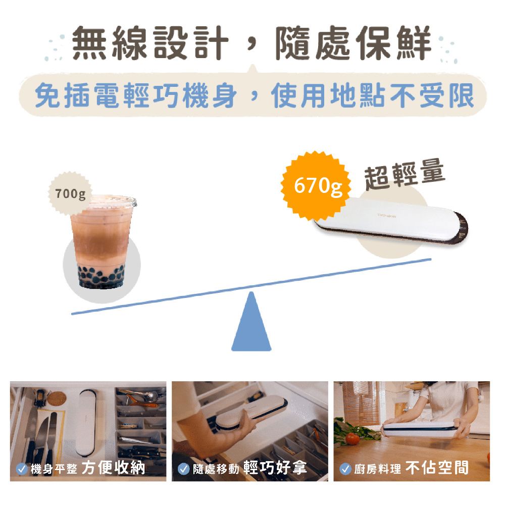 無線設計,隨處保鮮免插電輕巧機身,使用地點不受限700g670g超輕量機身平整 方便收納隨處移動 輕巧好拿廚房料理 不佔空間