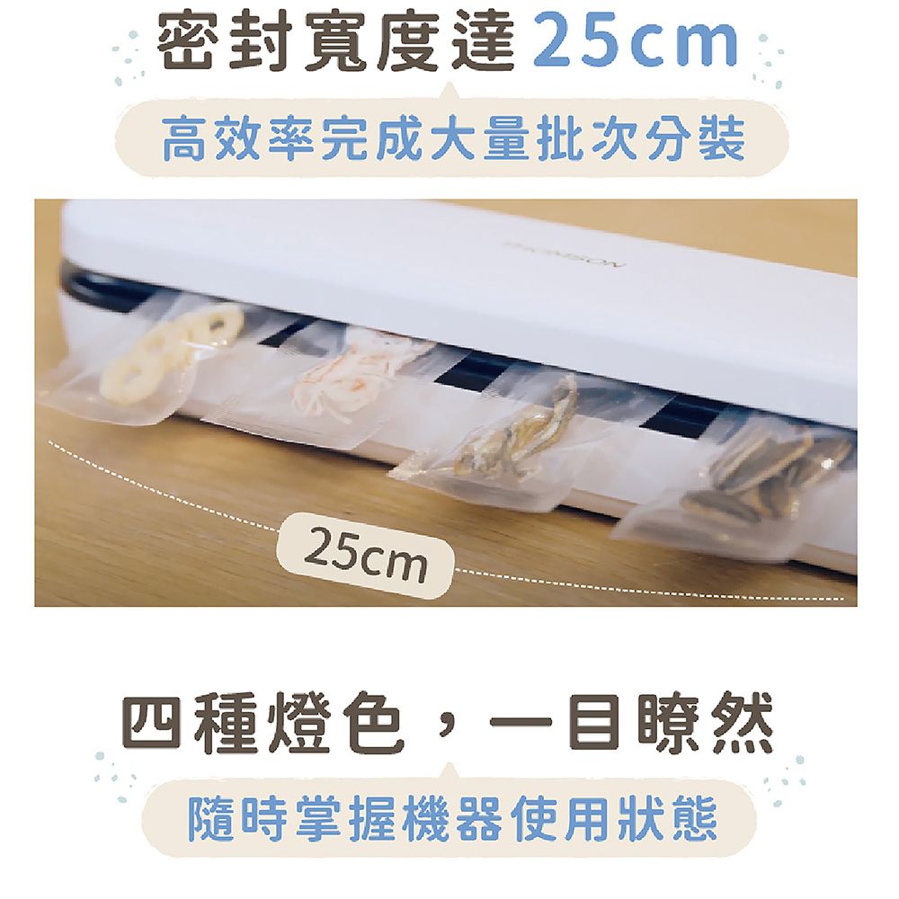 密封寬度達25cm高效率完成大量批次分裝25cm四種燈色,一目瞭然隨時掌握機器使用狀態