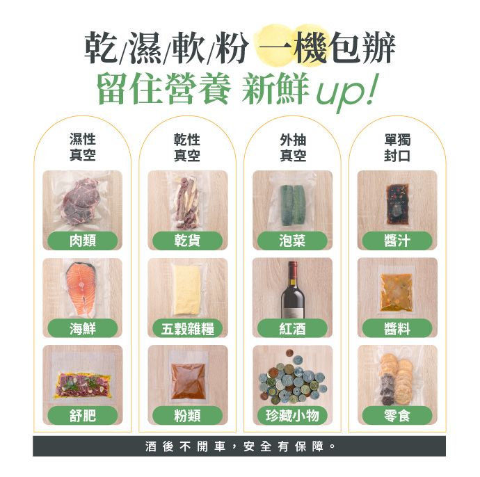 乾/濕/軟/粉一機包辦留住營養 新鮮 up!濕性乾性外抽單獨真空真空真空封口肉類乾貨泡菜醬汁海鮮五穀雜糧紅酒醬料舒肥粉類珍藏小物酒後不開車,安全有保障。零食
