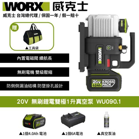 WORX 威克士 20V 1L 2L 真空機 無刷 冷氣安裝 冷媒真空機 抽真空機 無刷真空泵 無刷锂电双极1升真空泵 WU090.1