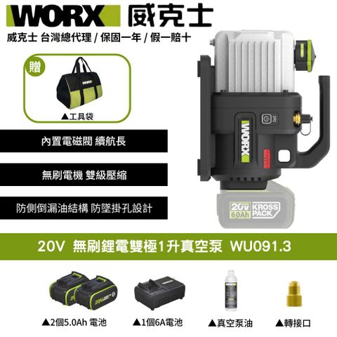 WORX 威克士 20V 1L 2L 真空機 無刷 冷氣安裝 冷媒真空機 抽真空機 無刷真空泵 無刷锂电双极1升真空泵 WU091.3