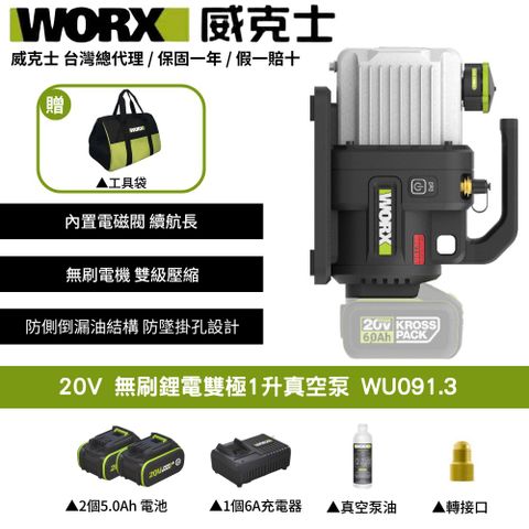 WORX 威克士 20V 1L 2L 真空機 無刷 冷氣安裝 冷媒真空機 抽真空機 無刷真空泵 無刷锂电双极1升真空泵 WU091.3