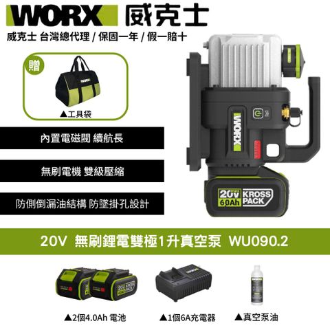 WORX 威克士 20V 1L 2L 真空機 無刷 冷氣安裝 冷媒真空機 抽真空機 無刷真空泵 無刷锂电双极1升真空泵 WU090.2