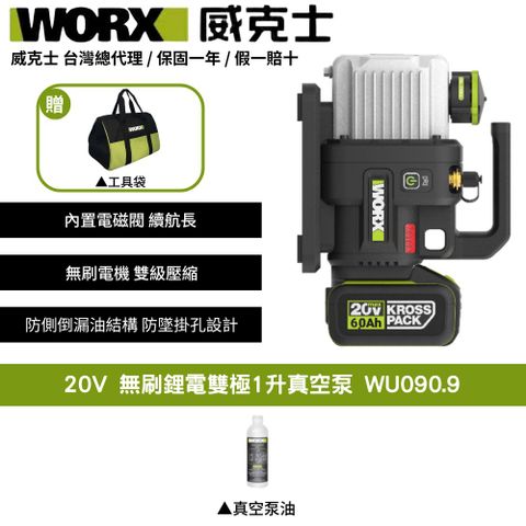 WORX 威克士 20V 1L 2L 真空機 無刷 冷氣安裝 冷媒真空機 抽真空機 無刷真空泵 無刷锂电双极1升真空泵 WU090.9