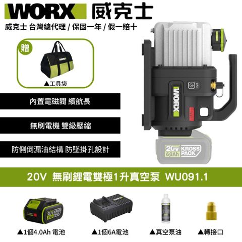 WORX 威克士 20V 1L 2L 真空機 無刷 冷氣安裝 冷媒真空機 抽真空機 無刷真空泵 無刷锂电双极1升真空泵 WU091.1