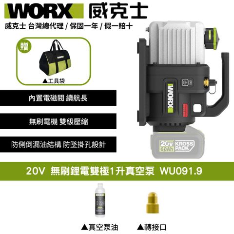 WORX 威克士 20V 1L 2L 真空機 無刷 冷氣安裝 冷媒真空機 抽真空機 無刷真空泵 無刷锂电双极1升真空泵 WU091.9